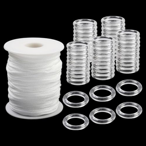 SOFPLATE 50 m Raffrollo-Reparatur-Set mit 100 Vorhangringen, rund, weiß, Nylon, Ersatz-Kunststoff-Vorhangseil, Zubehör für Heimwerker, Raffrollos, Fenstervorhang von SOFPLATE