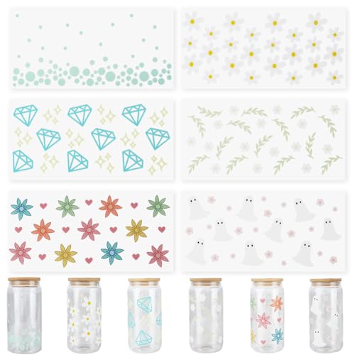 SOFPLATE 6 Blatt 6 Stile Glasbecher Aufkleber UV DTF Becheraufkleber Sommer Bunt Punkte Blätter Blumenn Kunststoff Wasserdicht Transfer Dekorative Etiketten Für 16 Unzen Glaswasserflaschen Becher Holz von SOFPLATE
