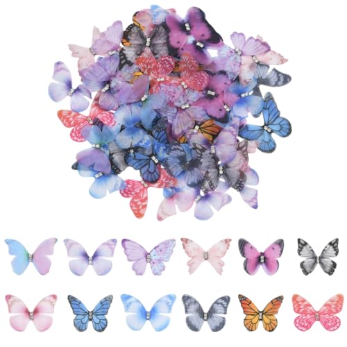 SOFPLATE 60 Stück 12 Farben Organza Schmetterling Applikationen Schmetterling Dekorationen Stoff Bunte Insekten 2 Schichten Strass Polyester Stickerei Ornament Patches Für DIY Nähen Kleidung Kleid Hoc von SOFPLATE