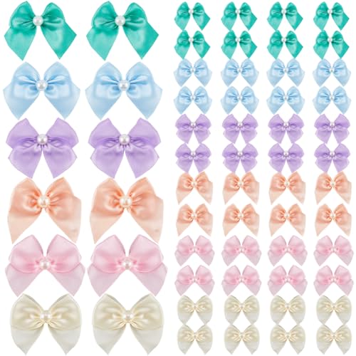SOFPLATE 72 Stück 6 Farben Mini Schleife Aus Satinband Kleine Pastellfarbene Regenbogenschleifen Mit Perle Winzige Schleifenbeschläge Für Geschenkverpackungen Scrapbooking Hochzeit Weihnachtsdekoratio von SOFPLATE