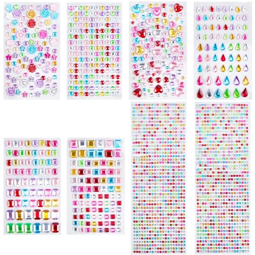 SOFPLATE 8 Blatt 7 Stile Farbige Edelsteinaufkleber Strass Klebeaufkleber Acryl Sortiert Glitzernd Tropfenform Herz Blumen Quadratisch Edelstein Aufkleber Blätter Für Scrapbook Juwelen Make Up Basteln von SOFPLATE