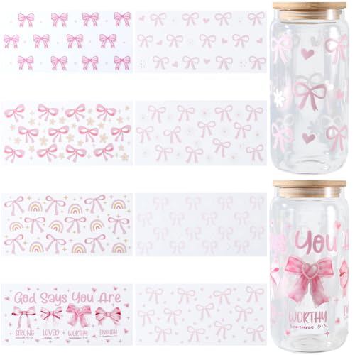 SOFPLATE 8 Blatt 8 Stile Glasbecher Aufkleber Wasserdicht Rosa Schleifen Aufkleber Herz Blumen Regenbogen Schleifenmuster UV DTF Becheraufkleber Für Wasserflaschen Glas Kreative Geschenke Holzdekorati von SOFPLATE