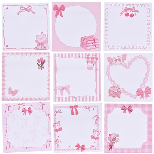 SOFPLATE 9 Stil 450 Blätter Haftnotizen Set Rosa Selbstklebende Notizen Großpackung Quadratisch Süßer Kawaii Cartoon Süße Schleife Blumen Kirsche Haftnotizblöcke Für Büro Schule Geburtstag Party Gastg von SOFPLATE