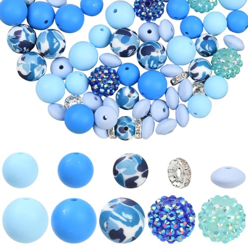 SOFPLATE Blaues Perlen-Set, 12 mm, 15 mm, blaue Silikonperlen, Großpackung, Kunststoff, rund, glatt, Strass, gemischte Farben, Discokugel, klobiger Rondelle-Abstandshalter für Schmuckherstellung, DIY von SOFPLATE