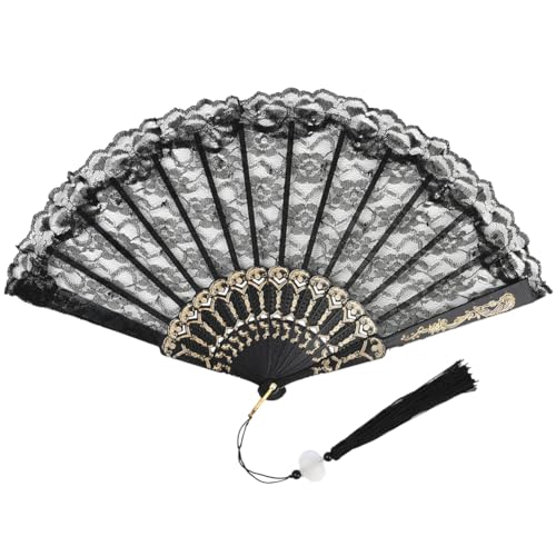 SOFPLATE Schwarzer Spitzen-Handfächer, chinesischer Faltfächer, Kunststofftuch, faltbar, Retro-Blumenmuster, Paillettenstoff, dekorativer Handfächer mit Quasten-Anhänger für Party, Hochzeit, Kirche von SOFPLATE