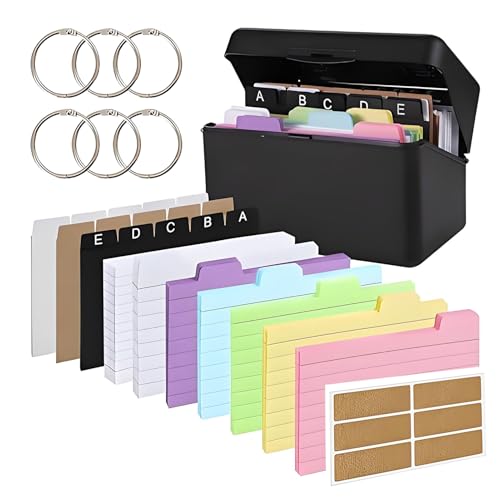 Karteikasten Schwarz,15 X 9,5 X 8,5 Cm Karteikarten,230 Karteikarten Bunt Liniert 15 Register 6 Ringen 6 Aufkleber Karteikarten Box Für Unterwegs Lernen Notizen Schulsachen Büro Zuhause von SOGHO
