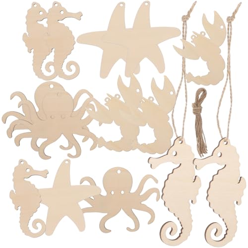 SOIMISS 4 Sätze Unbehandelte Holzscheiben Set mit Meeres Tier Motiven DIY Holzfiguren zum Bemalen und Juteschnüren für Kreative Bastelprojekte und Dekorationen von SOIMISS