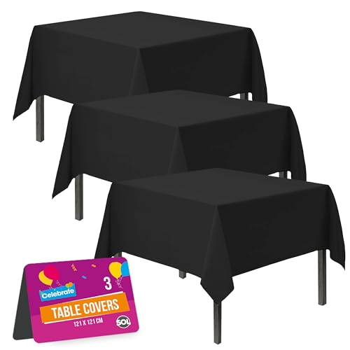 3 Stück schwarze Tischdecke Party,121x121 cm,schwarze Kunststoff-Tischdecke Party,schwarze Kunststoff-Tischdecke, schwarze Tischdecke, schwarze Party-Tischdecke, Einweg-Tischdecke für Partys von SOL