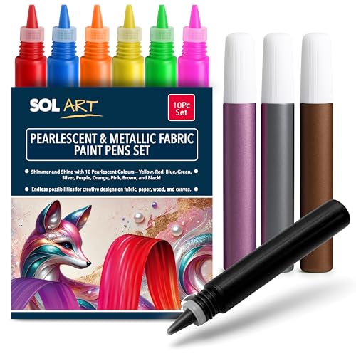 SOL Perlglanz- und Metallic-Stoffmalstifte-Set, wasserfeste Stoffstifte, Permanentmarker für Kleidung, Farbmarker, verschiedene Farben, Schimmer und Glanz für Stoffe, Papier, Holz und Leinwand, 10 SOL Perlglanz- und Metallic-Stoffmalstifte-Set, wasserfeste Stoffstifte, Permanentmarker für Kleidung, Farbmarker, verschiedene Farben, Schimmer und Glanz für Stoffe, Papier, Holz und Leinwand, 10 von SOL