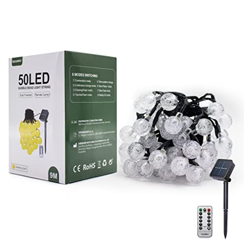 SOLMIRA LED Solar Lichterkette Außen, Blasenform, 50 Warme LEDs, 9M, 8 Modi, CE und RoHS Zertifikat von SOLMIRA