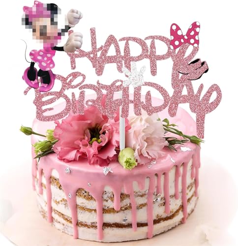 Rosa Mouse Geburtstagsdeko Topper, Cartoon Geburtstag Kuchen Deko, Tortendeko Geburtstag Mädchen, Glitter Mouse Kuchen Geburtstag Deko,Happy Birthday Tortenaufleger Kinder von SOLPURE