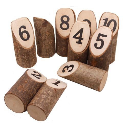 SOLUSTRE 10 Stück Teiliges Mini Baumstumpf Deko mit Nummerndruck Rustikale Holz Tischnummernhalter Natürliche Baumrinden optik Wiederverwendbar für Wohnzimmer Party und Festtagsdekoration von SOLUSTRE