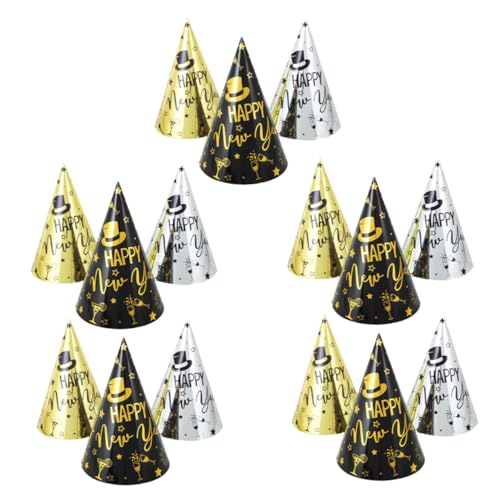 SOLUSTRE 15 Stück Teiliges Happy Year Partyhüte aus Kleine Spitze Hüte in Schwarz Gold und Silber Wiederverwendbar Festliches Design für Silvesterfeiern und Familienpartys von SOLUSTRE
