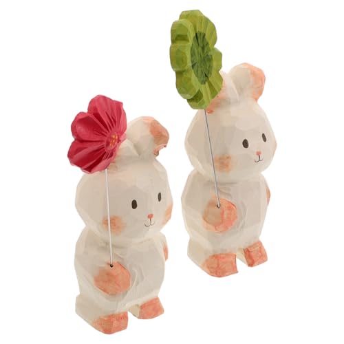 SOLUSTRE 2 Stück Teiliges Holzkaninchen mit Blume Handgefertigte Deko Figur für Schreibtisch Büro und Garten Naturholz Rabbit Ornament für Tischdekoration und von SOLUSTRE