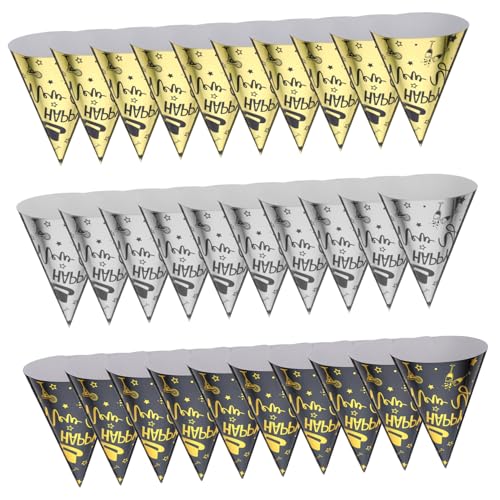 SOLUSTRE 30 Stück Teiliges Happy Year Partyhüte Kegelhüte in Schwarz Gold Silber Leichter Papierhut für Erwachsene Vielseitige Neujahrs Deko und Foto Requisiten von SOLUSTRE