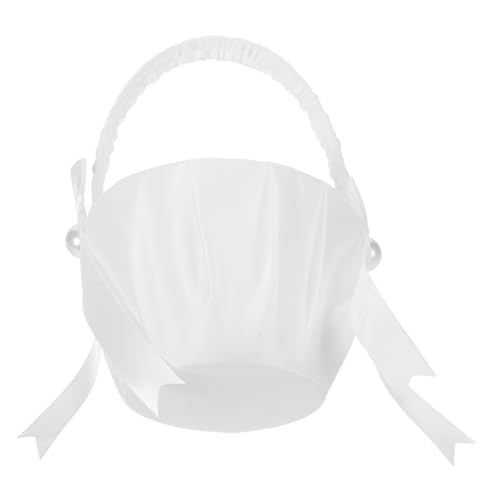 SOLUSTRE 4 Stück Satin Blumenmädchen Korb Weiß mit Perlen Schleife Handgehalten Blumenkorb für Hochzeit Streukörbchen Stilvolle Dekoration für Brautjungfern und Festlichkeiten von SOLUSTRE