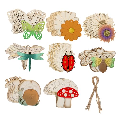 SOLUSTRE 40 Stück Teiliges Unbehandeltes Holz Bastelset Holztiere und Blumen zum Malen Diy Anhänger mit Jute Schnüren für Kreative Dekorationen für Wände und von SOLUSTRE