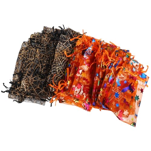 SOLUSTRE 60 Stück Halloween Geschenkbeutel mit Zugband Schwarze Organza Mesh Taschen mit Goldfarbenem Spinnen und Orangem Kürbismotiv Vielseitig für Süßigkeiten Snacks und Partygeschenke von SOLUSTRE