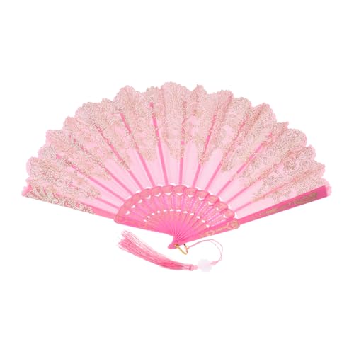 SOLUSTRE Faltbarer Handfächer für Frauen im Chinesischen Stil Eleganter Hochzeitsfächer mit Wolkenmuster für Tanzaufführungen Feste und Partys aus Langlebigem Kunststoff Rosa mit Fransen von SOLUSTRE