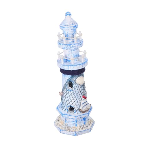 SOLUSTRE Mediterrane Leuchtturm Deko Holzfigur mit Vintage Used-Look Kleine Küstenstatue für Wohnzimmer und Ferienhaus Langlebige Nautische Tischdekoration von SOLUSTRE