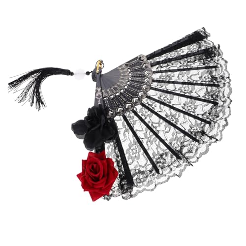 SOLUSTRE Spitzen Handfächer Gothic Stil Schwarzer Spitzenfächer mit Quaste Faltbarer Spitzenfächer für Damen Vintage Lolita Fächer für Halloween Viktorianische Dekoration und Kostümparty von SOLUSTRE