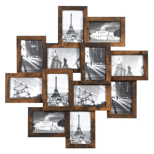 SONGMICS Bilderrahmen RPF022X01 für 12 Fotos 10,2 x 15,2 cm - Wandmontage und Montage erforderlich - Glas und MDF Holz Rahmen Rustikal Braun von SONGMICS