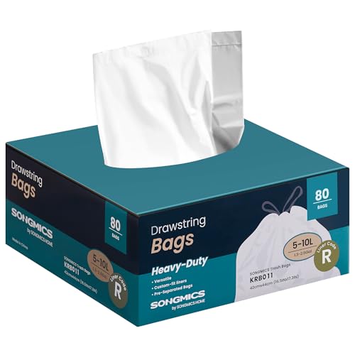 SONGMICS Müllbeutel 10 L, Müllsäcke mit Zugband, insgesamt 80 Stück, Code R, hochbelastbar, Schnellzugriffsbox, cremeweiß KRB011A02 von SONGMICS