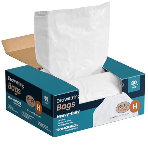 SONGMICS Müllbeutel 30 L, Müllsäcke mit Zugband, insgesamt 80 Stück, Code H, hochbelastbar, Schnellzugriffsbox, cremeweiß KRB031A02 von SONGMICS