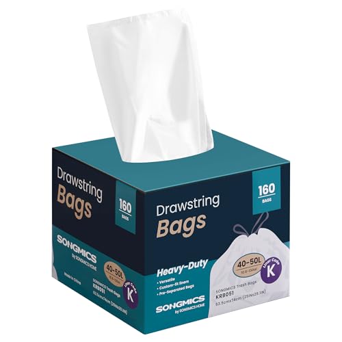 SONGMICS Müllbeutel 50 L, Müllsäcke mit Zugband, insgesamt 160 Stück, Code K, hochbelastbar, Schnellzugriffsbox, cremeweiß KRB051A04 von SONGMICS