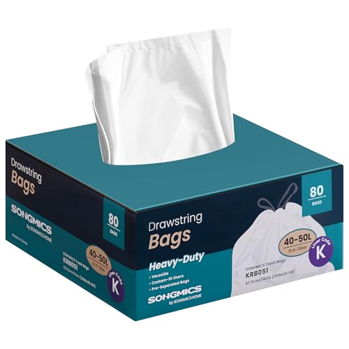 SONGMICS Müllbeutel 50 L, Müllsäcke mit Zugband, insgesamt 80 Stück, Code K, hochbelastbar, Schnellzugriffsbox, cremeweiß KRB051A02 von SONGMICS