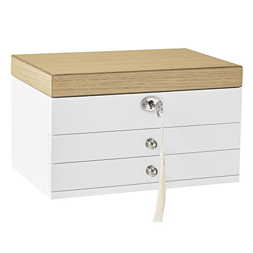 SONGMICS Schmuckkästchen 3 Ebenen, Schmuckkasten, Schmuckschatulle, großer Spiegel, 2 Schubladen, abschließbar, Geschenkidee, für Ringe, Ohrringe, Armbänder, Halsketten, weiß-holzfarben JOW15WN SONGMICS Schmuckkästchen 3 Ebenen, Schmuckkasten, Schmuckschatulle, großer Spiegel, 2 Schubladen, abschließbar, Geschenkidee, für Ringe, Ohrringe, Armbänder, Halsketten, weiß-holzfarben JOW15WN von SONGMICS