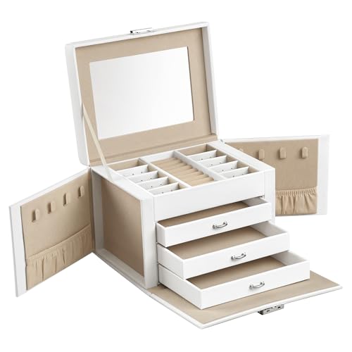 SONGMICS Schmuckkästchen 4 Ebenen, Schmuckkasten mit Griff, 3 Schubladen, Schmuckschatulle mit Spiegel, Schloss, Schmuckaufbewahrung, Bezug in Wolkenweiß, Innenfutter in Sandbeige JBC159W01 SONGMICS Schmuckkästchen 4 Ebenen, Schmuckkasten mit Griff, 3 Schubladen, Schmuckschatulle mit Spiegel, Schloss, Schmuckaufbewahrung, Bezug in Wolkenweiß, Innenfutter in Sandbeige JBC159W01 von SONGMICS