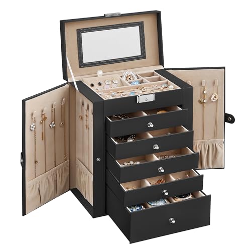 SONGMICS Schmuckkasten, große Schmuckschatulle mit 6 Ebenen, Schmuckkästchen mit seitlichen Klapptüren, Schubladen, Spiegel und Verschluss, für Ringe, Ohrringe, Uhren, schwarz JBC152B01 SONGMICS Schmuckkasten, große Schmuckschatulle mit 6 Ebenen, Schmuckkästchen mit seitlichen Klapptüren, Schubladen, Spiegel und Verschluss, für Ringe, Ohrringe, Uhren, schwarz JBC152B01 von SONGMICS