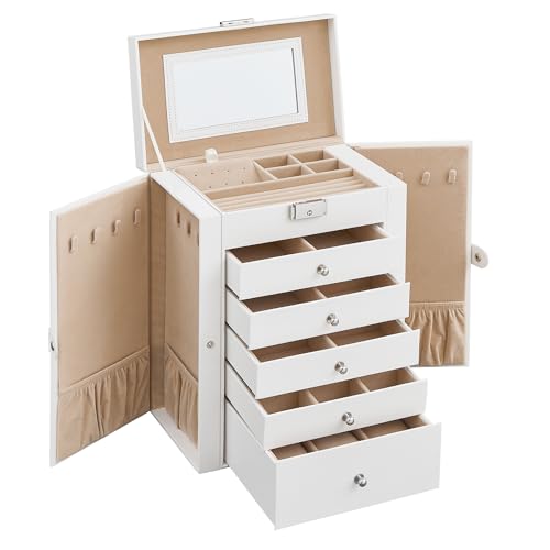 SONGMICS Schmuckkasten, große Schmuckschatulle mit 6 Ebenen, Schmuckkästchen mit seitlichen Klapptüren, Schubladen, Spiegel und Verschluss, für Ringe, Ohrringe, weiß JBC152W01 von SONGMICS