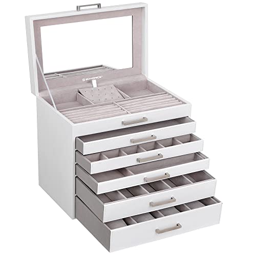 SONGMICS Schmuckkästchen 6 Ebenen, Schmuckkasten mit großem Spiegel, Schmuckschatulle, 5 Schubladen, sehr viel Stauraum, Schmuckaufbewahrung, modern, Geschenkidee, wolkenweiß JBC138 von SONGMICS
