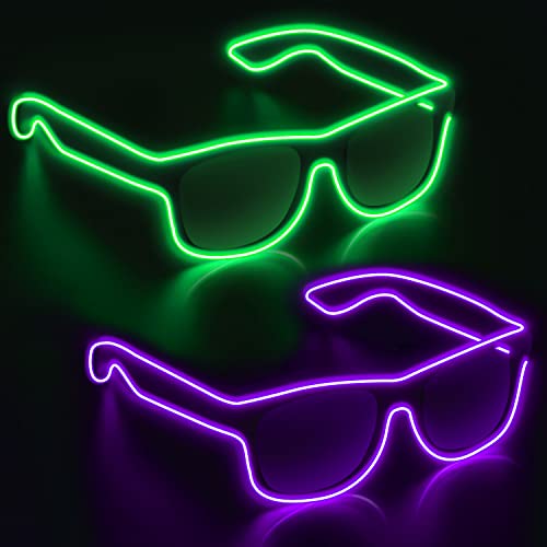 SOOOEC Kabellose leuchtende LED-Brille 2er-Pack mit Blinkmodus Glow in Dark Party für Rave-Party, Halloween, Weihnachten, Disco, Konzert, EDM (Grün + Lila) von SOOOEC