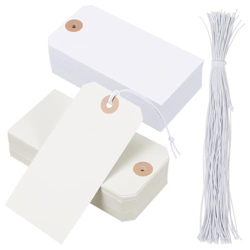 SOPOTUTU 100 Stück Blanko Kleidungsetiketten aus Reißfestem Papier mit Elastischem Band Vielseitig Einsetzbare Weiße Preisschilder für Kleidung Gepäck und Inventarverwaltung von SOPOTUTU