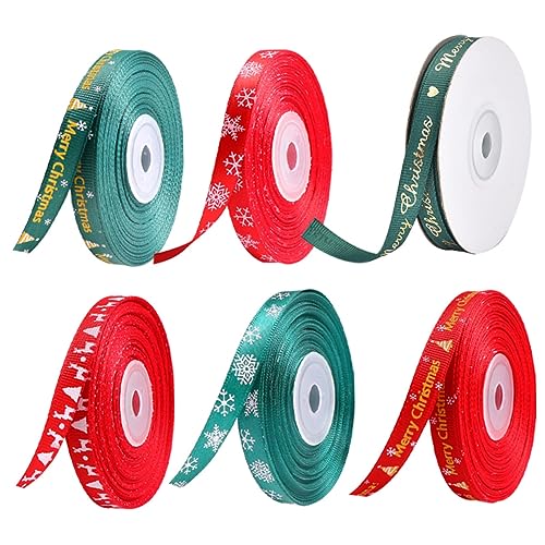 SOPOTUTU 6 Stück Weihnachtsschleifen Dekorative Geschenkband mit Niedlichen Mustern Polyesterschleifen für DIY Bastelprojekte und Weihnachtsdekoration Breit Yards Rolle von SOPOTUTU
