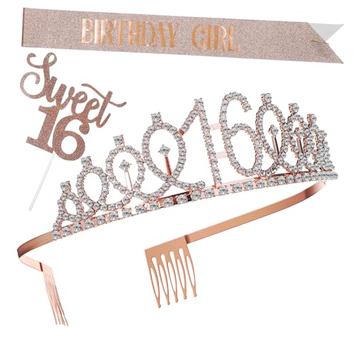 SOPOTUTU Jahre Roségold Geburtstag Deko Set für Frauen mit Funkelnder Strasskrone Schimmernder Schärpe und Kuchen Topper Komfortabel Festlich Geeignet für Innen und Außenbereiche von SOPOTUTU