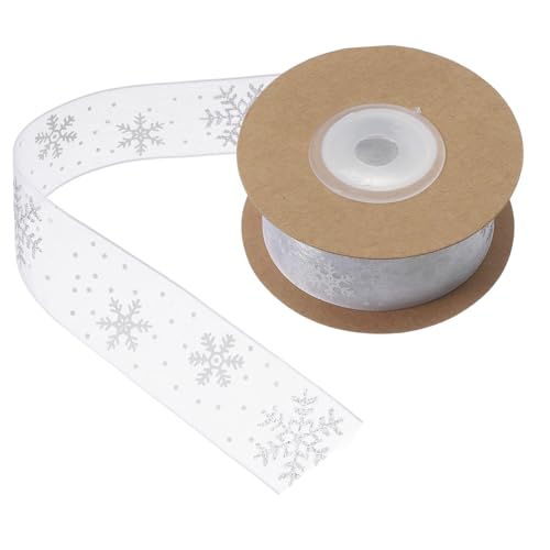 SOPOTUTU Weißer Chiffonband mit Silber Schneeflocken Dekoratives Geschenkband Rolle Vielseitig für Weihnachtsdeko DIY Basteln Festliche Verpackung Weiches Knitterfreies Material von SOPOTUTU