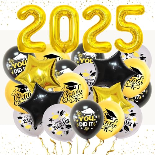 32 Stück Abschlussballons 2025, Abschlussdekorationen enthalten Konfetti-Ballons für Partyzubehör der Klasse 2025 (Schwarz/Gold) von SOPSTUO