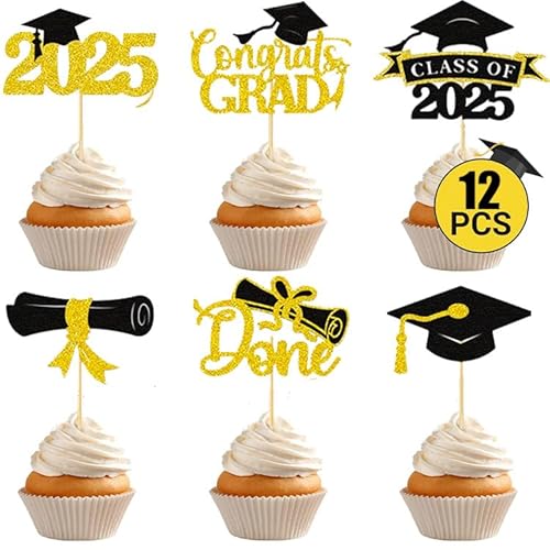 Cupcake-Topper 2025, Abschlussfeier, Party-Dekorationen, 6 Stile, Herzlichen Glückwunsch, Kuchendekorationen für Klasse 2025, Partyzubehör, 24 Stück Cupcake-Topper 2025, Abschlussfeier, Party-Dekorationen, 6 Stile, Herzlichen Glückwunsch, Kuchendekorationen für Klasse 2025, Partyzubehör, 24 Stück von SOPSTUO
