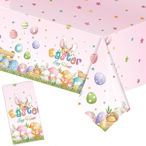 SOPSTUO Ostertischdecke – Bunte Osterhasen-Eier, Tischdecke, Kunststoff, Einweg-Tischdecke, rechteckig, Frühling-Ostereier-Tischdecke für Oster-Tischdekorationen, 137 x 274 cm von SOPSTUO