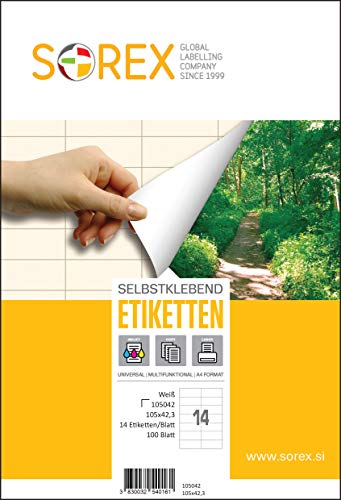 Sorex 105x42,3 mm Universal Etiketten Selbstklebend Weiß für alle Drucker, 100 Blatt DIN A4, Premium Aufkleber, Starke Klebekraft, Barcode, Adressetiketten, Live Geschnitten, 14 Etiketten/Blatt Sorex 105x42,3 mm Universal Etiketten Selbstklebend Weiß für alle Drucker, 100 Blatt DIN A4, Premium Aufkleber, Starke Klebekraft, Barcode, Adressetiketten, Live Geschnitten, 14 Etiketten/Blatt von SOREX