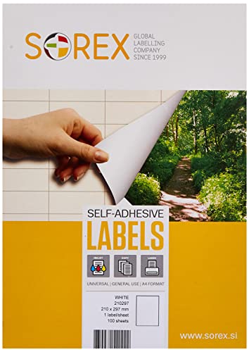 Sorex 210x297 mm Universal Etiketten Selbstklebend Weiß für alle Drucker, 100 Blatt DIN A4, Premium Aufkleber, Starke Klebekraft, Barcode, Adressetiketten, Live Geschnitten, 1 Etiketten/Blatt von SOREX