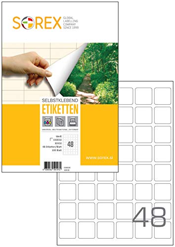 Sorex 30x30 mm Universal Etiketten Selbstklebend Weiß für alle Drucker, 100 Blatt DIN A4, Premium Aufkleber, Starke Klebekraft, Barcode, Adressetiketten, Gerundet, 48 Etiketten/Blatt von SOREX