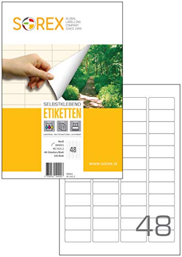 Sorex 45,7x21,2 mm Universal Etiketten Selbstklebend Weiß für alle Drucker, 100 Blatt DIN A4, Premium Aufkleber, Starke Klebekraft, Barcode, Adressetiketten, Gerundet, 48 Etiketten/Blatt von SOREX