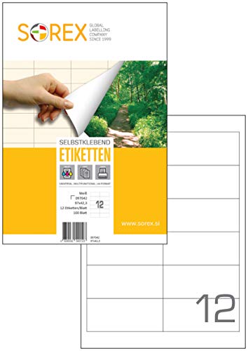 Sorex 97x42,3 mm Universal Etiketten Selbstklebend Weiß für alle Drucker, 100 Blatt DIN A4, Premium Aufkleber, Starke Klebekraft, Barcode, Adressetiketten, Live Geschnitten, 12 Etiketten/Blatt von SOREX