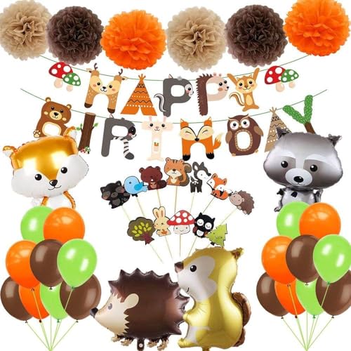 41 Stück Kinder Wald Tier Geburtstagsdeko set, Happy Birthday Banner, Tier Folien Luftballons, 12 Cake Topper, 6 Bunte Pompons, 18 Latex Luftballons, Geburtstag Party Deko für Jungen und Mädchen von SOSAYI