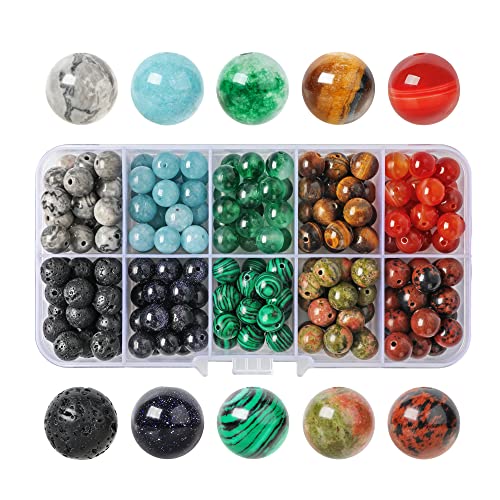 SOSMAR 200 Stück Natürliche Edelsteine ⌀ 8mm rund Perlen für Armbänder Halsketten Schmuck Basteln Auffädeln, 10 Sortierte Steinperlen Edelsteinperlen von SOSMAR